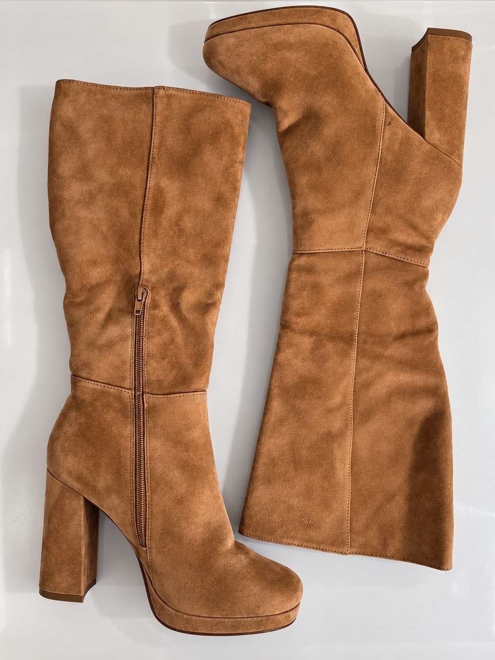 Steve Madden Women’s 7.5 Tan Leather Knee High Platform Boots Chunky Heel - Picture 3 of 13